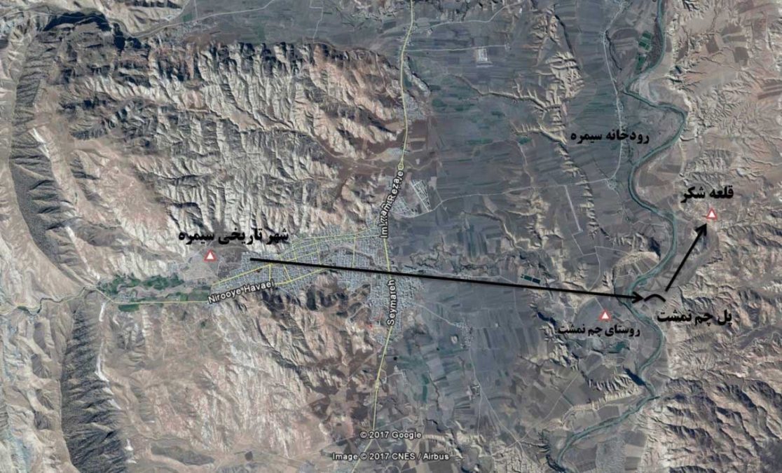 موقعیت جغرافیایی پل چم‌نمشت نسبت به شهر تاریخی سیمره